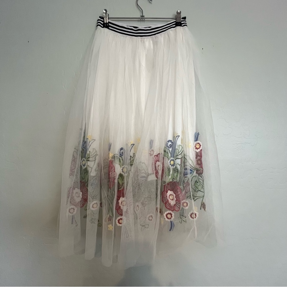 Vintage Skirt Midi White Tulle Sheer Whimsical Festival Embroidered Floral Artsy - Picture 7 of 11